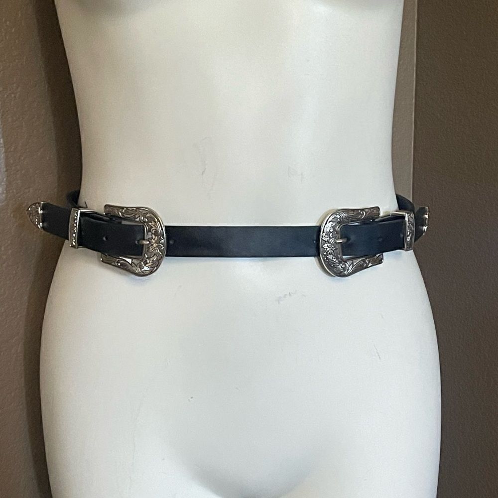 Western double buckle belt faux leather metal buckles